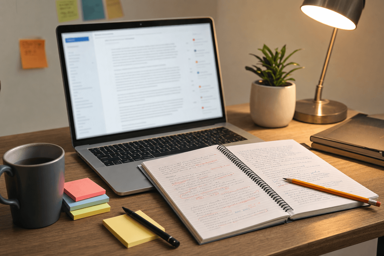 A laptop, notebook, and marked draft arranged for essay coaching feedback.