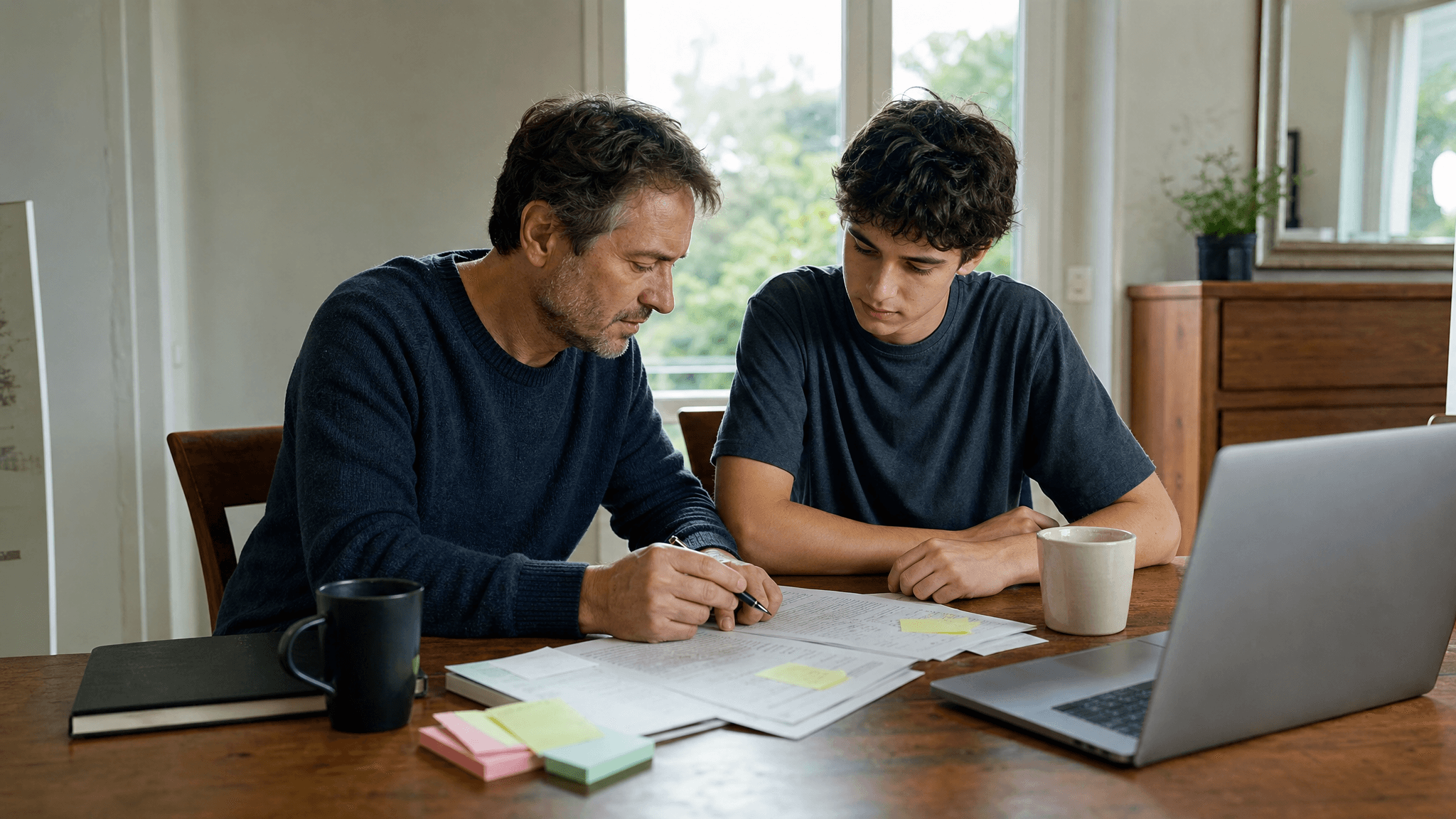 A parent and student reviewing application notes together at a dining table.