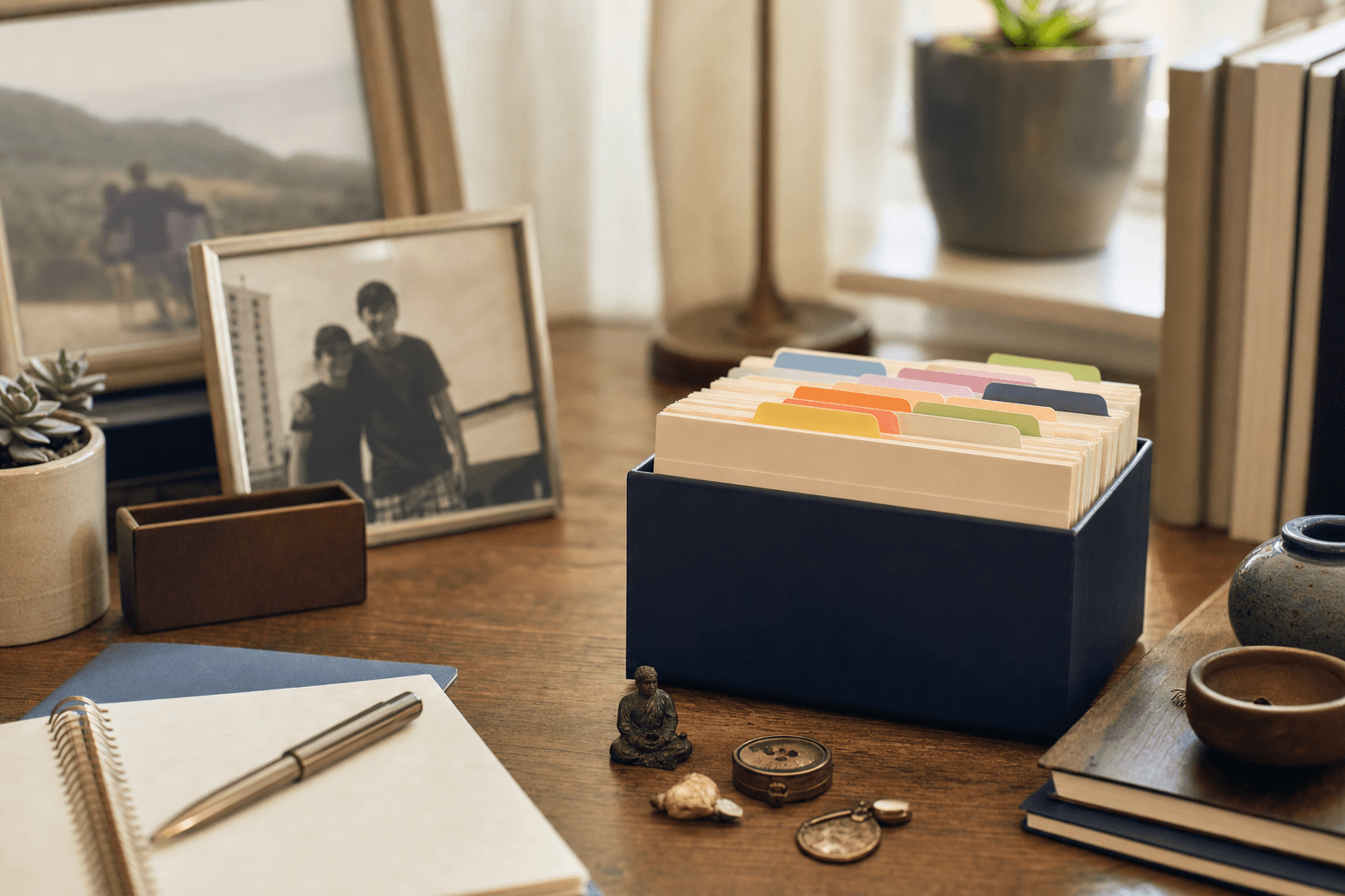 A box of story cards, keepsakes, photos, and notes organized on a desk.