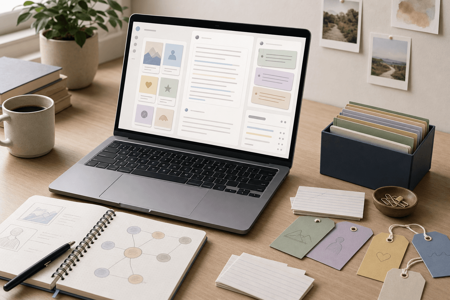 A laptop and notebook arranged as a visual story bank and essay drafting workspace.