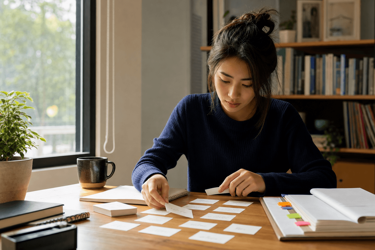 A student sorting values cards on a desk as part of a reflection exercise.